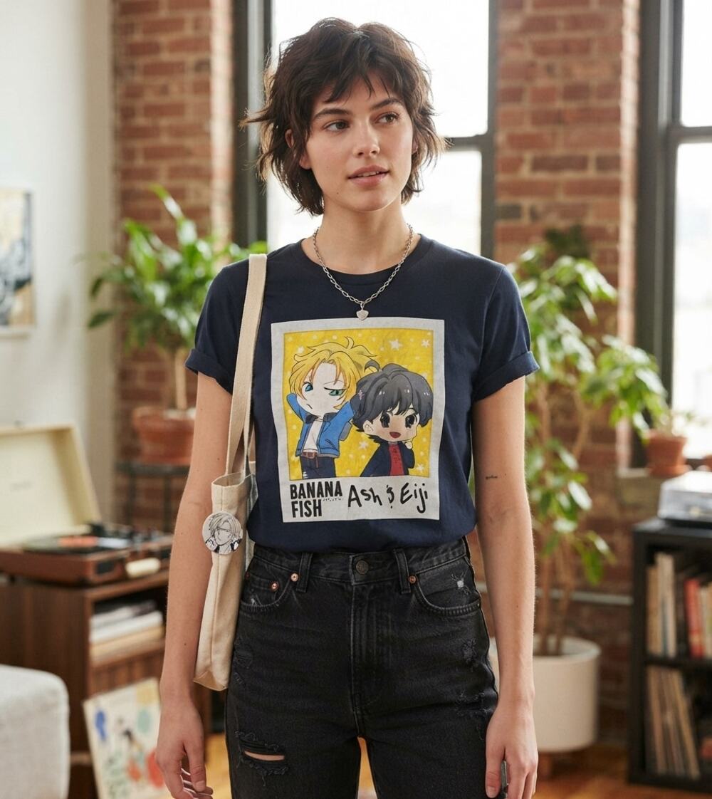 Banana Fish Anime T-Shirt Small Ash & Eiji Chibi Graphic Black Cotton Tee